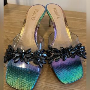 Schutz iridescent PVC mules